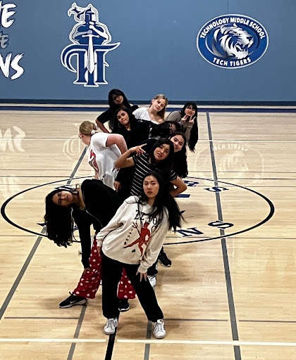 Tech High’s 2023-2024 dance team practicing a routine in the Technology Middle School gym (Photo By: Avery Rottman).
